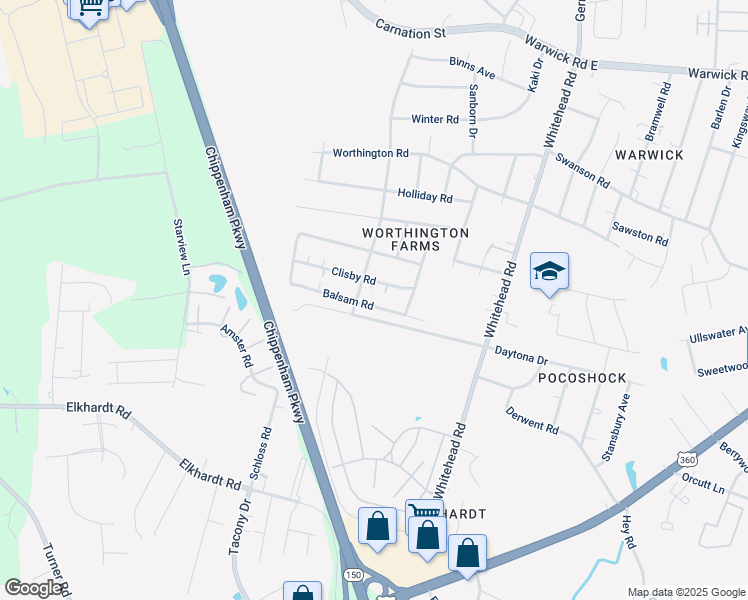 map of restaurants, bars, coffee shops, grocery stores, and more near 6430 Balsam Road in Richmond