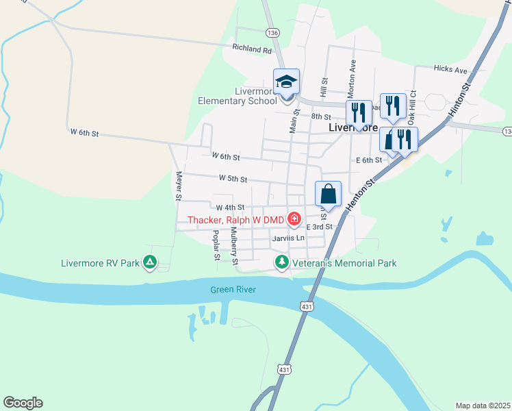 map of restaurants, bars, coffee shops, grocery stores, and more near 400 Walnut Street in Livermore