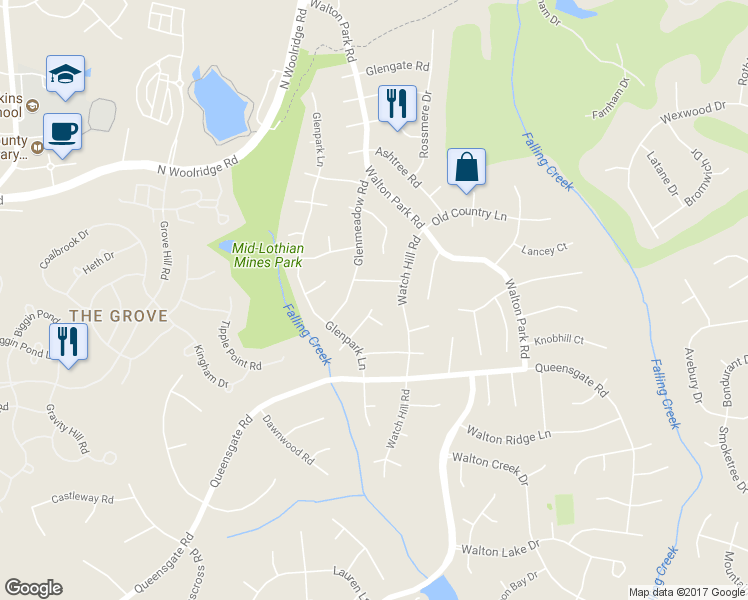 map of restaurants, bars, coffee shops, grocery stores, and more near 600 Fennimore Road in Midlothian
