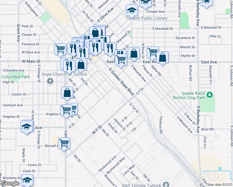 map of restaurants, bars, coffee shops, grocery stores, and more near 506 South 1st Street in Turlock