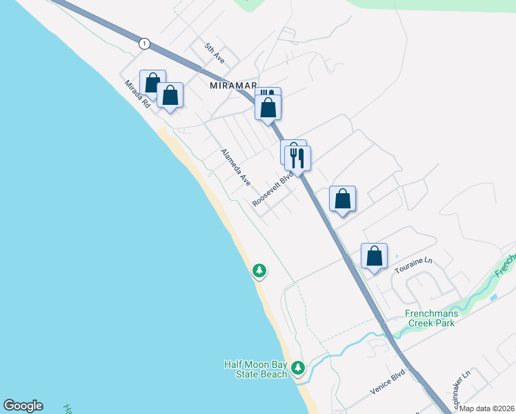 map of restaurants, bars, coffee shops, grocery stores, and more near 204 Roosevelt Boulevard in Half Moon Bay