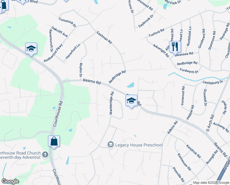 map of restaurants, bars, coffee shops, grocery stores, and more near 101 Marbleridge Road in Richmond