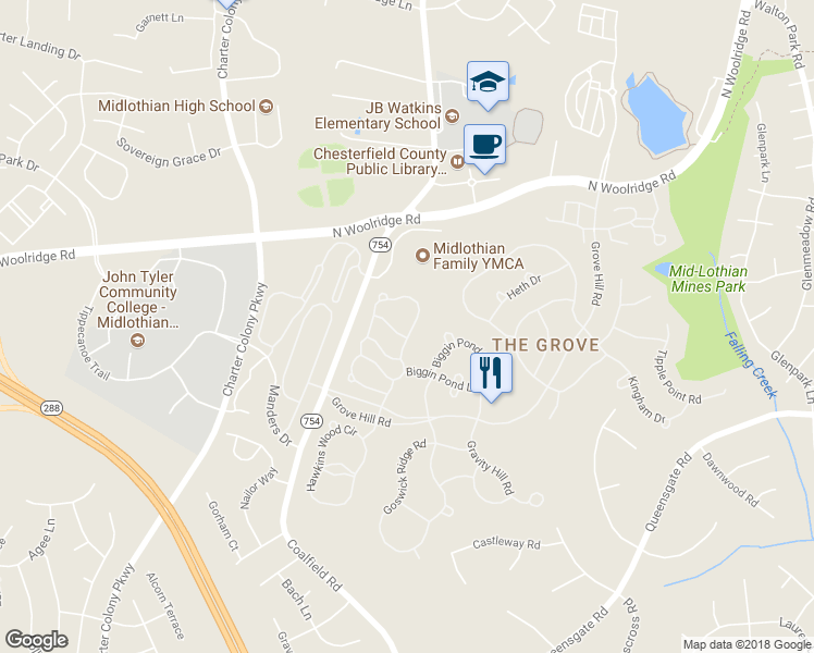 map of restaurants, bars, coffee shops, grocery stores, and more near 607 Krim Point Loop in Midlothian