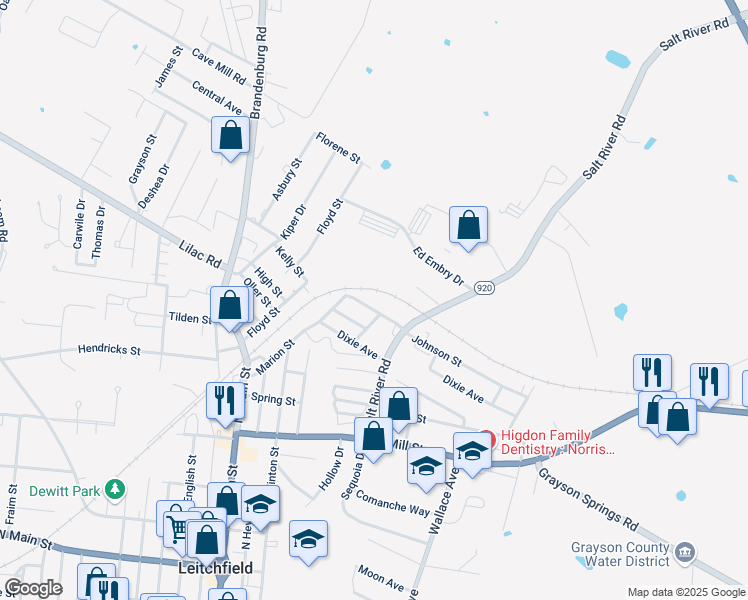 map of restaurants, bars, coffee shops, grocery stores, and more near 401-426 Johnson Street in Leitchfield