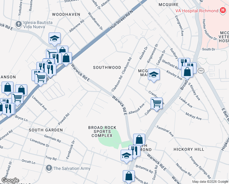 map of restaurants, bars, coffee shops, grocery stores, and more near 1748 Clarkson Road in Richmond