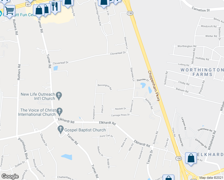 map of restaurants, bars, coffee shops, grocery stores, and more near 7125 Bennington Road in Richmond
