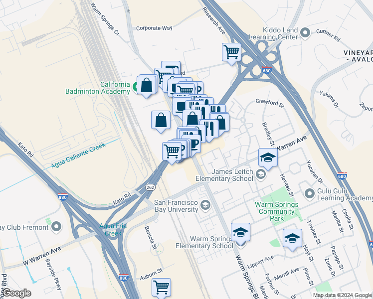 map of restaurants, bars, coffee shops, grocery stores, and more near 46801 Warm Springs Boulevard in Fremont