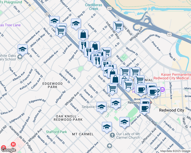 map of restaurants, bars, coffee shops, grocery stores, and more near 6 Arch Street in Redwood City