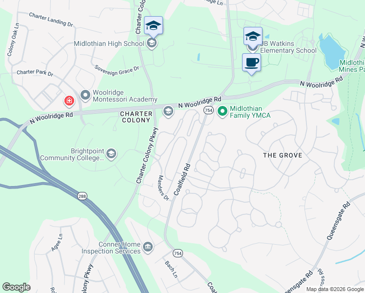 map of restaurants, bars, coffee shops, grocery stores, and more near 624 Abbey Village Circle in Midlothian