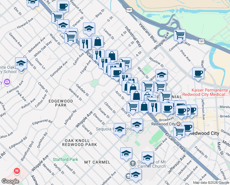 map of restaurants, bars, coffee shops, grocery stores, and more near 6 Arch Street in Redwood City