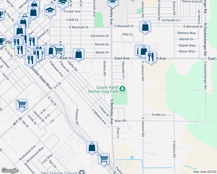 map of restaurants, bars, coffee shops, grocery stores, and more near 340 Bothun Road in Turlock