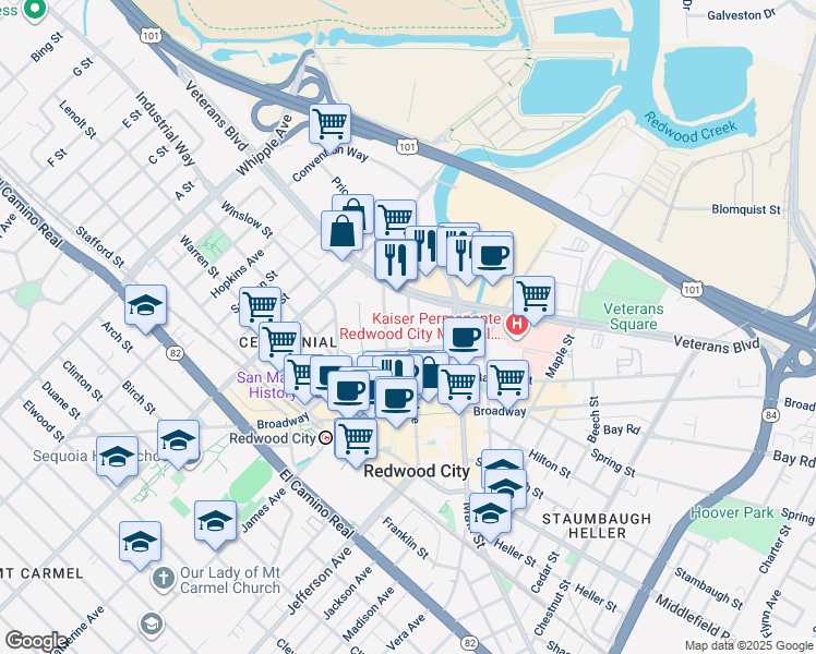 map of restaurants, bars, coffee shops, grocery stores, and more near 525 Middlefield Road in Redwood City
