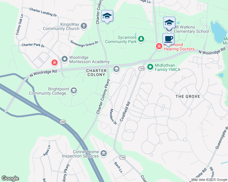map of restaurants, bars, coffee shops, grocery stores, and more near 724 Bristol Village Drive in Midlothian