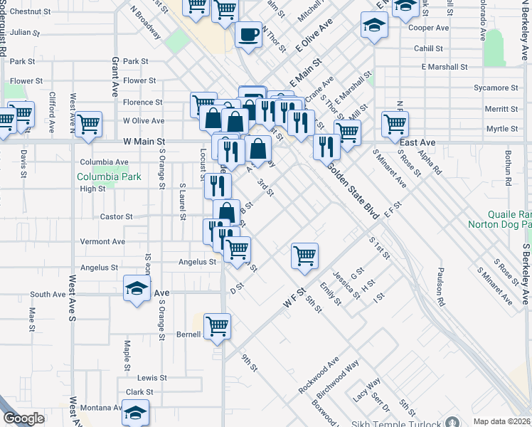 map of restaurants, bars, coffee shops, grocery stores, and more near 475 C St in Turlock
