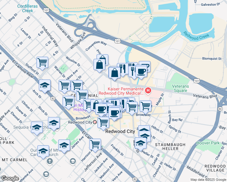 map of restaurants, bars, coffee shops, grocery stores, and more near 525 Middlefield Road in Redwood City