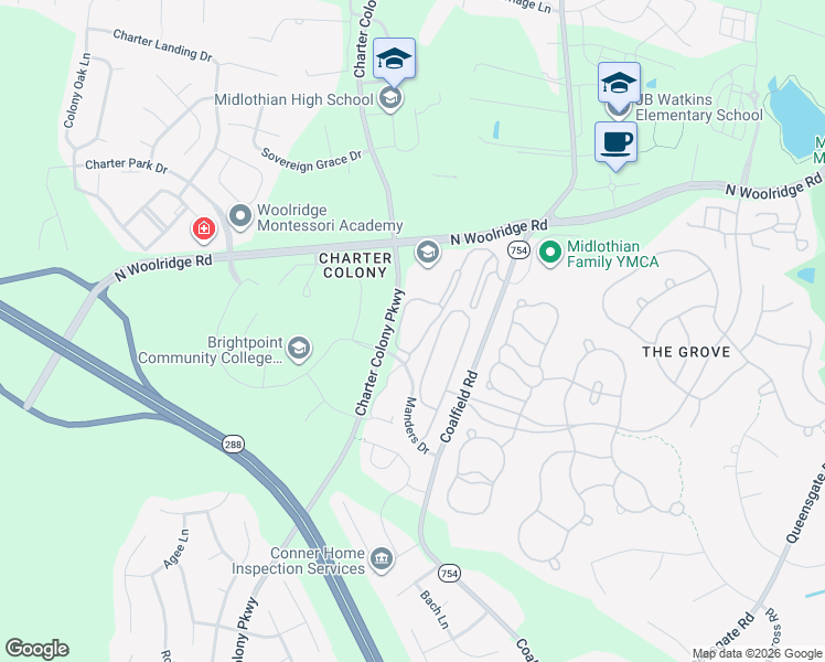 map of restaurants, bars, coffee shops, grocery stores, and more near 724 Bristol Village Drive in Midlothian