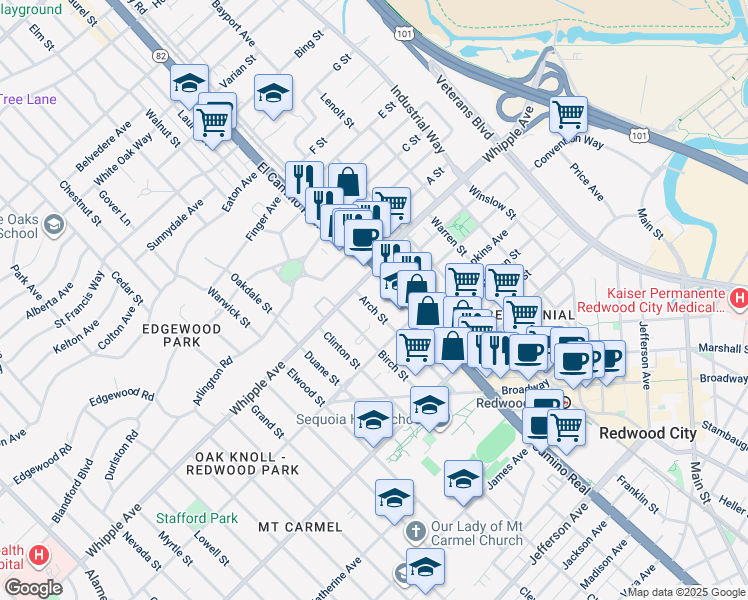 map of restaurants, bars, coffee shops, grocery stores, and more near 530 El Camino Real in Redwood City