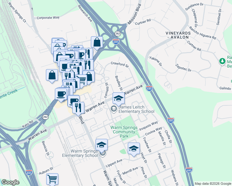 map of restaurants, bars, coffee shops, grocery stores, and more near 46892 Fernald Common in Fremont