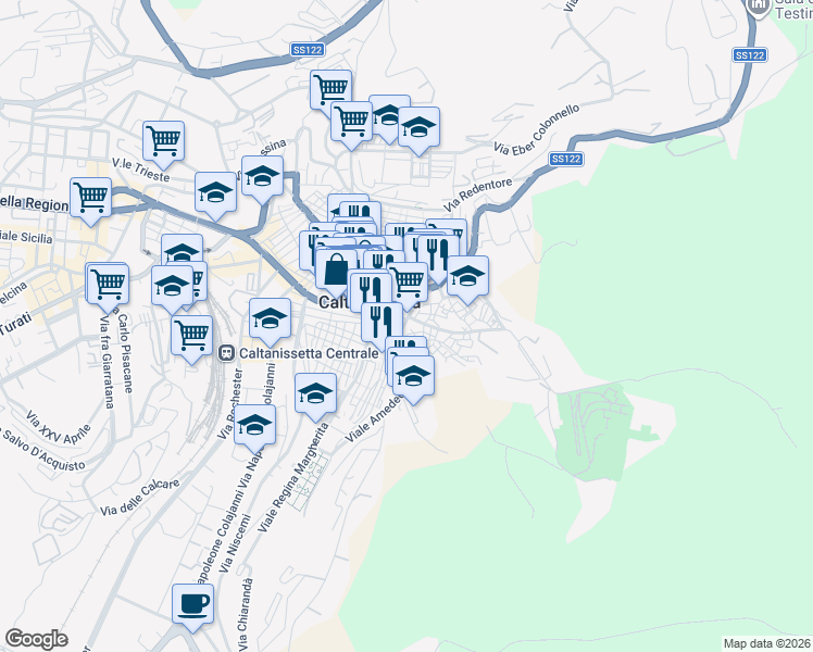 map of restaurants, bars, coffee shops, grocery stores, and more near 5 Vicolo Duomo in Caltanissetta