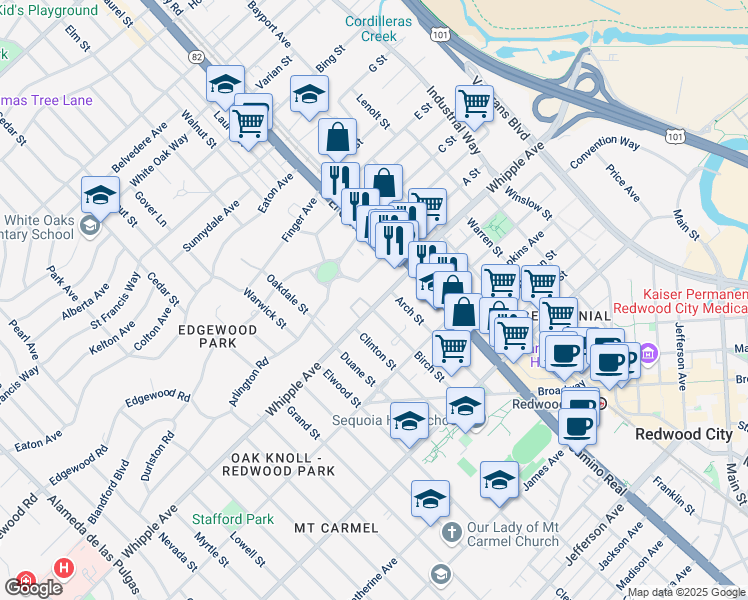 map of restaurants, bars, coffee shops, grocery stores, and more near 1140 Whipple Avenue in Redwood City