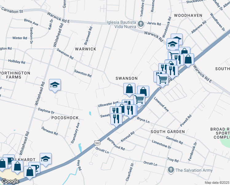 map of restaurants, bars, coffee shops, grocery stores, and more near 1521 Silverwood Drive in Richmond