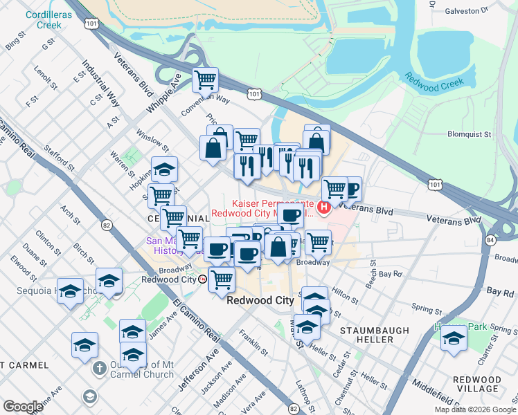 map of restaurants, bars, coffee shops, grocery stores, and more near 541 Jefferson Avenue in Redwood City