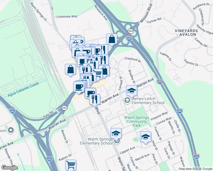 map of restaurants, bars, coffee shops, grocery stores, and more near 270 Franciscan Court in Fremont