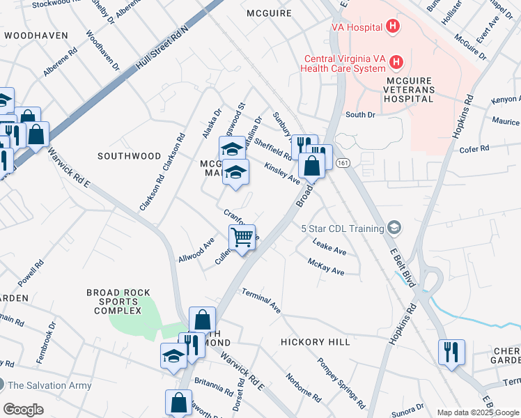 map of restaurants, bars, coffee shops, grocery stores, and more near 2002 Cullen Road in Richmond
