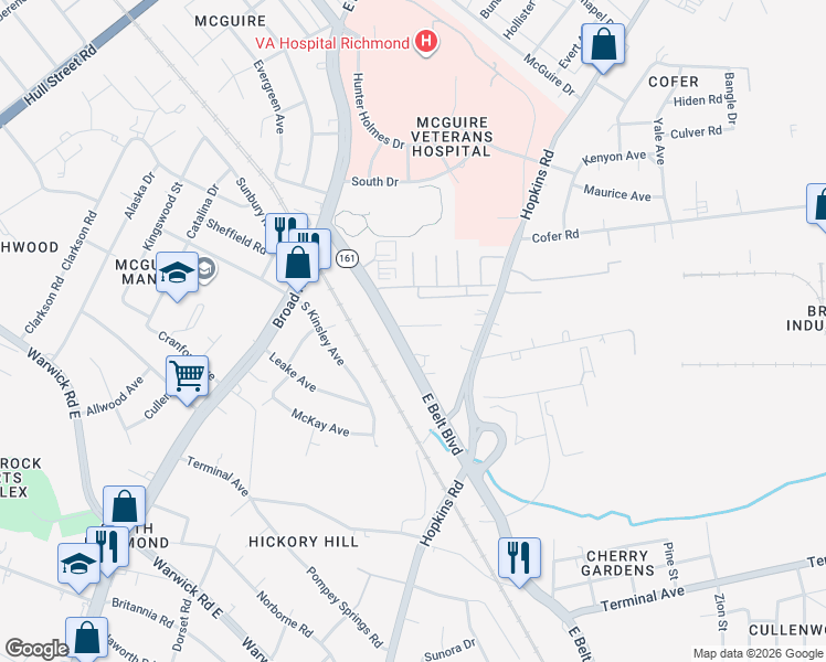 map of restaurants, bars, coffee shops, grocery stores, and more near 3713 Angela Drive in Richmond