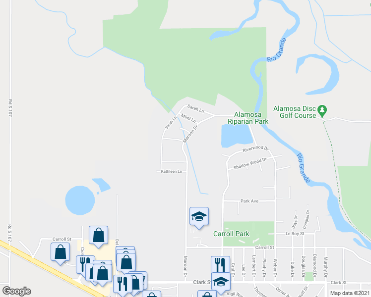 map of restaurants, bars, coffee shops, grocery stores, and more near 1308 Maroon Drive in Alamosa