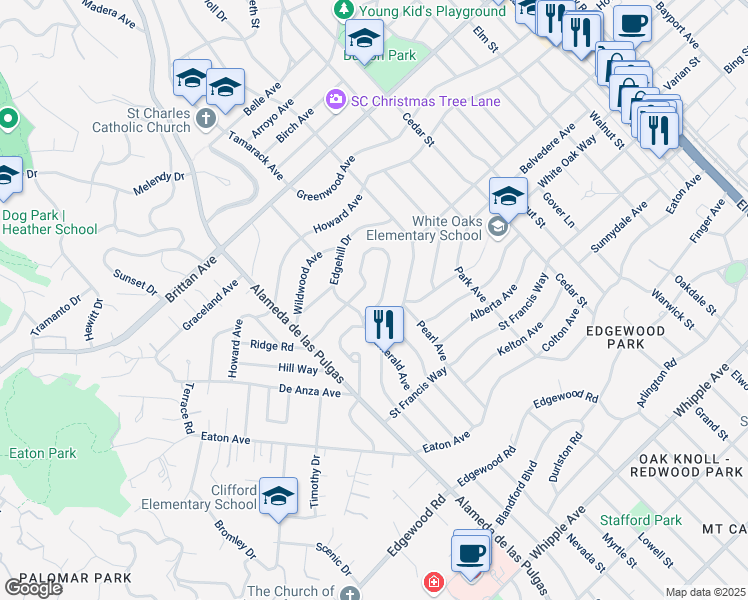 map of restaurants, bars, coffee shops, grocery stores, and more near 362 Oakview Drive in San Carlos
