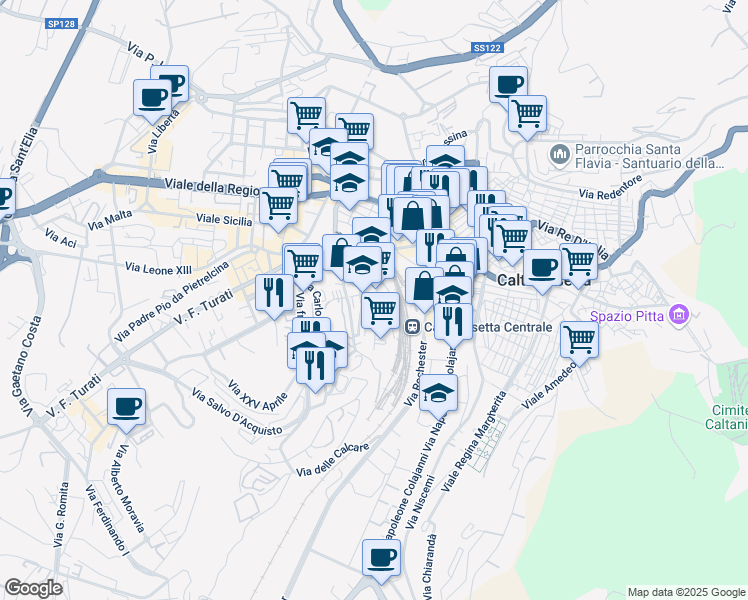 map of restaurants, bars, coffee shops, grocery stores, and more near 40 Via Alcide de Gasperi in Caltanissetta