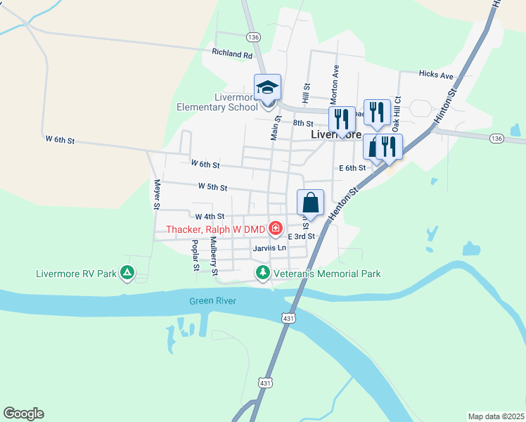 map of restaurants, bars, coffee shops, grocery stores, and more near 401 Main Street in Livermore