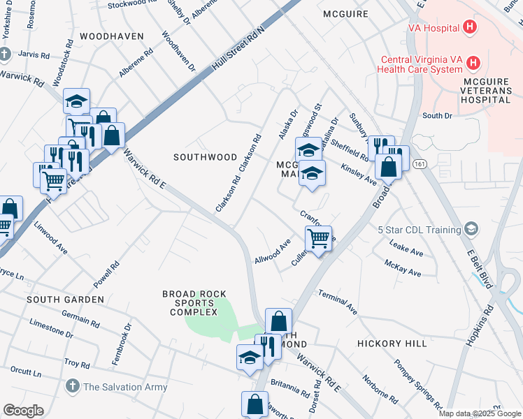 map of restaurants, bars, coffee shops, grocery stores, and more near 4757 Cooks Road in Richmond
