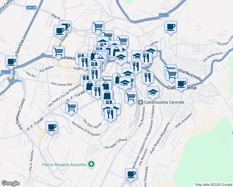 map of restaurants, bars, coffee shops, grocery stores, and more near 17 Via Carlo Pisacane in Caltanissetta