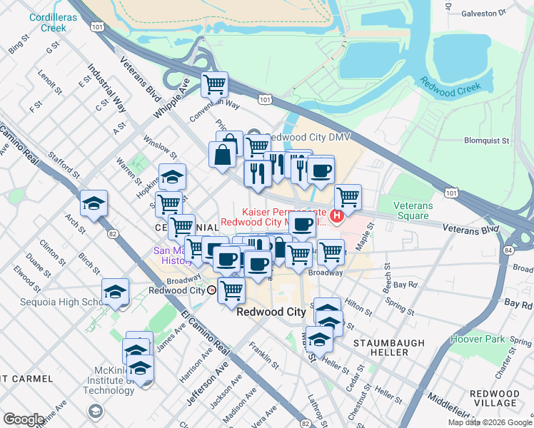 map of restaurants, bars, coffee shops, grocery stores, and more near 525 Middlefield Road in Redwood City