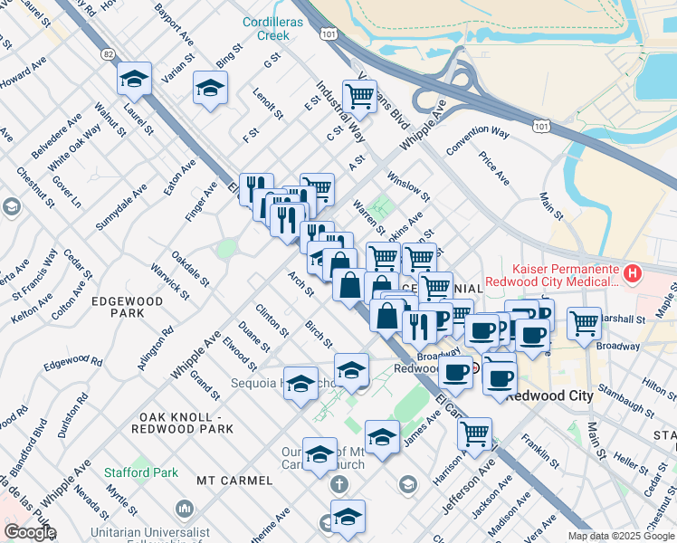 map of restaurants, bars, coffee shops, grocery stores, and more near 575 El Camino Real in Redwood City