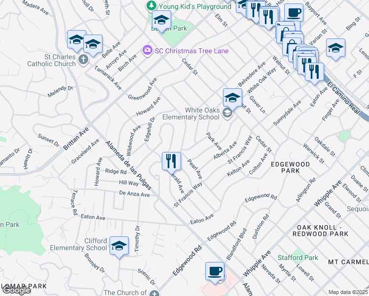 map of restaurants, bars, coffee shops, grocery stores, and more near 2150 White Oak Way in San Carlos