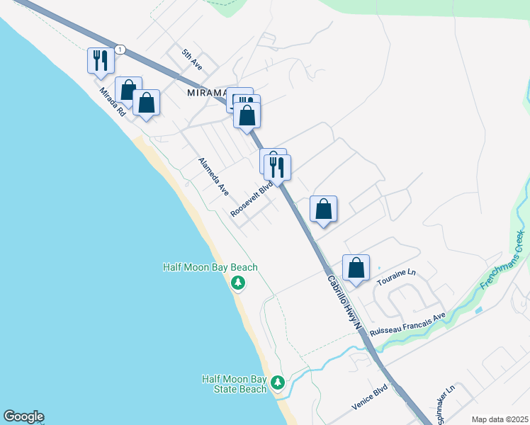 map of restaurants, bars, coffee shops, grocery stores, and more near 400 Washington Boulevard in Half Moon Bay