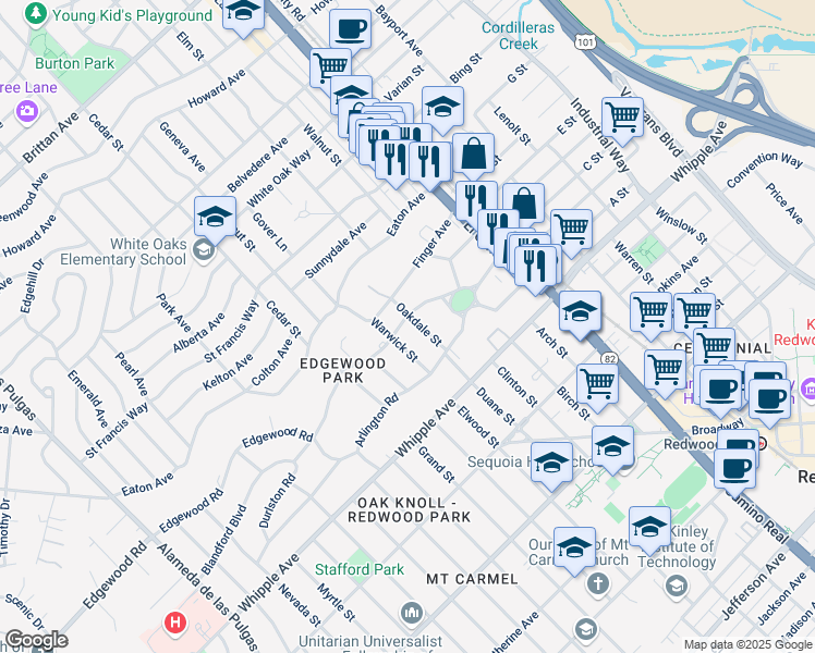 map of restaurants, bars, coffee shops, grocery stores, and more near 309 Edgewood Road in Redwood City