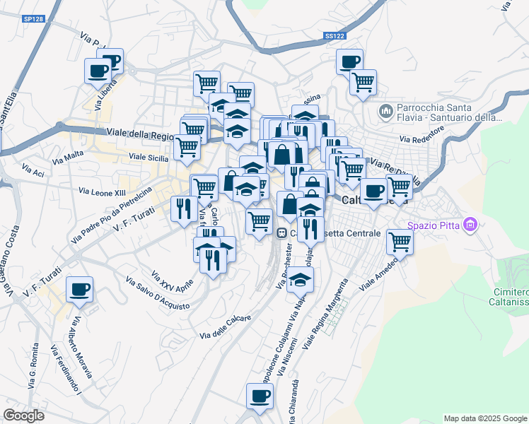 map of restaurants, bars, coffee shops, grocery stores, and more near 40 Via Alcide de Gasperi in Caltanissetta