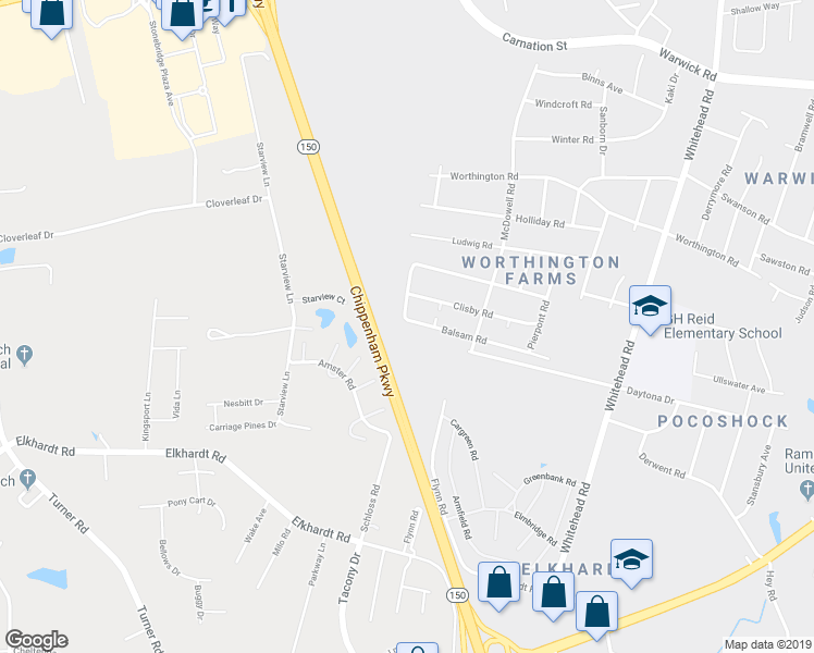 map of restaurants, bars, coffee shops, grocery stores, and more near 6573 Balsam Road in Richmond