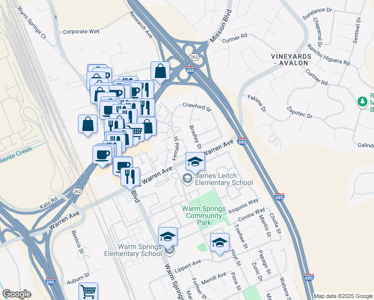 map of restaurants, bars, coffee shops, grocery stores, and more near 46880 Fernald Common in Fremont