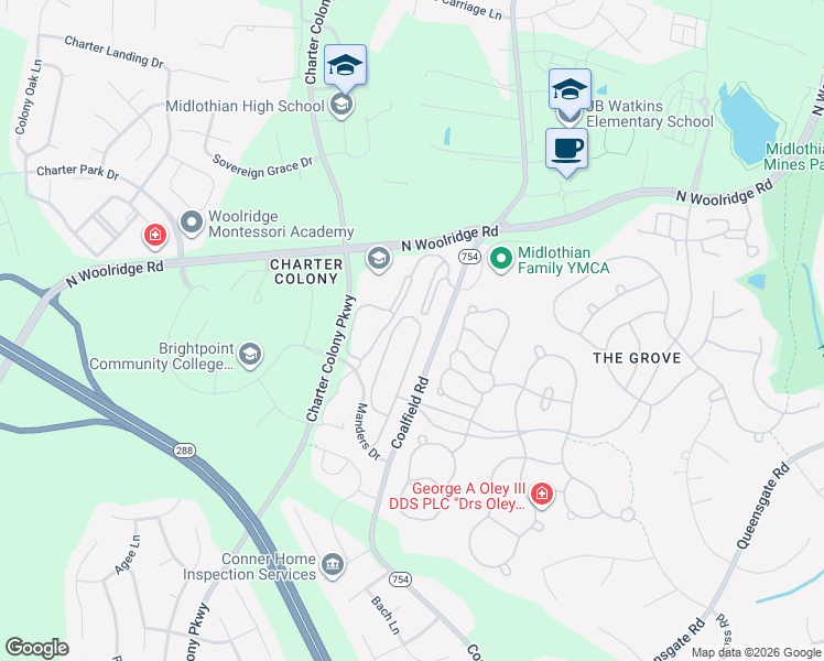 map of restaurants, bars, coffee shops, grocery stores, and more near 624 Abbey Village Circle in Midlothian