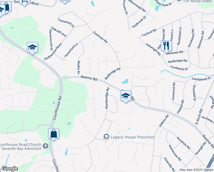 map of restaurants, bars, coffee shops, grocery stores, and more near 101 Marbleridge Road in Richmond