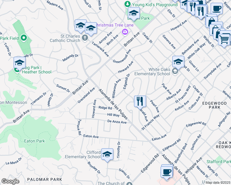 map of restaurants, bars, coffee shops, grocery stores, and more near 145 Wildwood Avenue in San Carlos