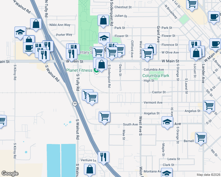 map of restaurants, bars, coffee shops, grocery stores, and more near 416 South Soderquist Road in Turlock