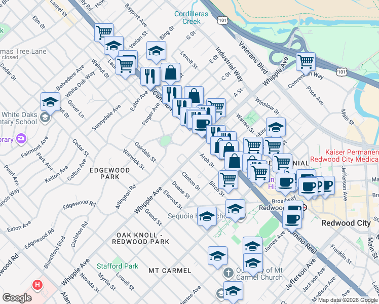 map of restaurants, bars, coffee shops, grocery stores, and more near 1140 Whipple Avenue in Redwood City