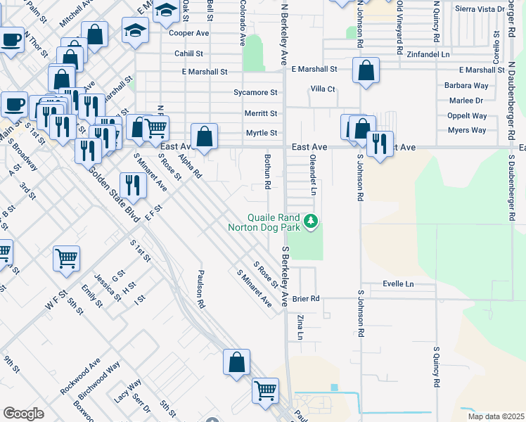 map of restaurants, bars, coffee shops, grocery stores, and more near 331 Bothun Road in Turlock