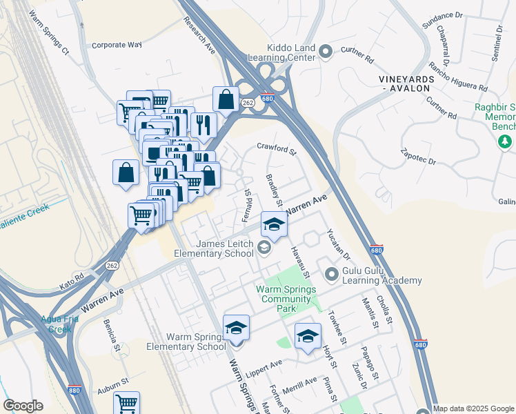 map of restaurants, bars, coffee shops, grocery stores, and more near 46880 Fernald Common in Fremont